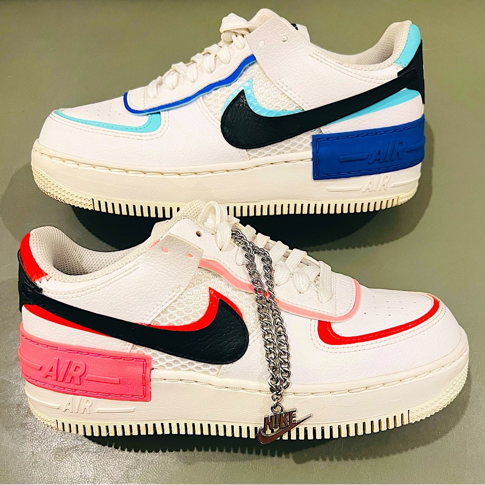 Nike Air Force 1 White with Black, Blue, and Pink Accents